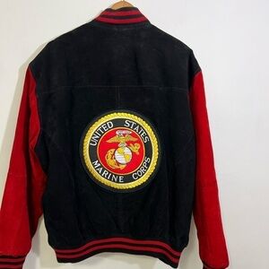 Vintage US Marines Black Red Suede Letterman Bomber Jacket Quilted Lining